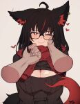  1boy 1girl ahoge animal_ear_fluff animal_ears blush braid breasts earrings fox_ears fox_girl fox_tail glasses green_eyes hair_between_eyes heart highres hololive jewelry kurokami_fubuki large_breasts long_hair looking_at_viewer pentagram single_braid tail variant_set varniskarnis virtual_youtuber 