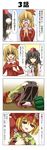  4koma =_= aki_minoriko aki_shizuha ass black_hair blonde_hair comic empty_eyes hat highres leaf leaf_on_head multiple_girls o_o pain pumpkin rappa_(rappaya) red_eyes shameimaru_aya short_hair siblings sisters tears touhou translated trembling yellow_eyes 