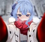  1girl blue_eyes blue_hair blunt_bangs blush coat duffel_coat fur-trimmed_coat fur-trimmed_hood fur-trimmed_scarf fur_trim gloves hair_between_eyes hair_ribbon highres hololive hood hoshimachi_suisei jewelry looking_at_viewer meme mittens open_clothes open_coat open_mouth plaid plaid_skirt pov pov_cheek_warming_(meme) reaching reaching_towards_viewer red_gloves red_mittens red_scarf ribbon scarf side_ponytail sidelocks skirt snow snowing solo tomanesan virtual_youtuber white_coat winter_clothes winter_coat winter_gloves 