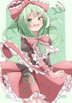  1girl absurdres arm_ribbon bow dress embarrassed frilled_bow frilled_dress frilled_ribbon frills front_ponytail green_background green_eyes green_hair hair_bow highres kagiyama_hina long_hair open_mouth red_bow red_dress ribbon saimu_taju short_sleeves solo thighs touhou two-tone_background 