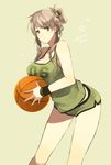  basketball blush bow breasts brown_eyes brown_hair cleavage english hair_bow hair_ornament large_breasts oceanchan original ponytail shorts smile solo star 