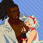  1boy 1girl annoyed biting_pectoral blush bracelet closed_mouth collar dark-skinned_male dark_skin elphelt_valentine fingerless_gloves gloves guilty_gear guilty_gear_strive hairband hand_on_another&#039;s_chest jewelry large_pectorals muscular muscular_male nagoriyuki pectorals short_hair sleeveless spiked_bracelet spiked_collar spiked_hairband spikes unaloid 
