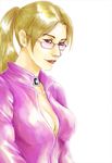  blonde_hair blue_eyes breasts catsuit choker cleavage large_breasts lips lipstick makeup nina_williams open_clothes ponytail solo sunglasses tekken 