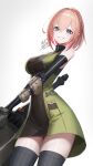  1girl absurdres aqua_eyes bare_shoulders breasts daiba_canon dress elbow_gloves gloves god_eater green_dress grey_background grin highres holding holding_weapon ikasamahideo large_breasts looking_at_viewer pink_hair short_hair signature smile solo thighhighs weapon 