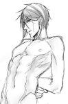  1boy abs arms_behind_back completely_nude greyscale groin highres kuroshitsuji looking_at_viewer male_focus monochrome muscular muscular_male naoyang02 navel nipples nude sebastian_michaelis short_hair simple_background smile solo standing white_background 