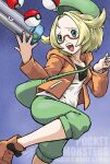  1girl bianca_(pokemon) blonde_hair blue_background character_name collarbone copyright_name glasses gradient_background green_eyes green_headwear open_mouth orange_footwear poke_ball poke_ball_(basic) pokemon pokemon_bw2 red-framed_eyewear signature solo wackybee 