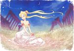  bare_shoulders bead_bracelet beads bishoujo_senshi_sailor_moon blonde_hair bracelet crescent_moon double_bun dress facial_mark floating_hair flower forehead_mark frilled_dress frills ian_olympia jewelry long_hair moon petals princess_serenity red_flower red_rose rose rose_petals ruins sitting sky solo strapless strapless_dress tsukino_usagi twintails white_dress wind 