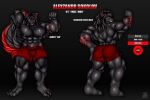 abs alexzandr_sokolov anthro armpit_hair biceps black_body black_fur black_hair black_nose body_hair bottomwear butt canid canine canis clothing flexing fur hair hand_behind_head male mammal markings model_sheet muscular muscular_arms muscular_thighs pecs plantigrade red_clothing red_ears red_eyes red_markings shorts solo wolf zi0808