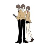  3others :3 androgynous arde benny_(len&#039;en) black_eyes black_necktie black_pants blue_eyes brown_footwear brown_hair brown_sweater cine_hamal closed_mouth collared_shirt full_body h9ef1 hand_in_pocket hand_up highres kuzu_suzumi len&#039;en long_legs long_sleeves miniskirt multiple_others multiple_persona neck_ribbon necktie other_focus pants pleated_skirt red_eyes red_ribbon ribbon school_uniform shirt short_hair simple_background sketch skirt sleeves_past_wrists smile socks sweater untucked_shirt white_background white_shirt white_socks 