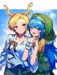  2girls antlers arm_ribbon artist_name black_ribbon blonde_hair blue_hair blue_ribbon blue_shirt chinese_commentary closed_mouth colored_eyelashes commentary_request corydalis frilled_headwear frills green_headwear green_skirt haniyasushin_keiki head_scarf highres holding_hands kicchou_yachie lofter_username long_hair multiple_girls open_mouth pink_eyes red_eyes ribbon shirt short_hair skirt sleeves_past_elbows smile teeth touhou upper_teeth_only yellow_shirt 