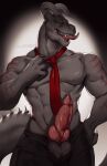 2_horns abs anthro biceps dragon genitals hi_res horn knot male malzel_(kojimafire) muscular muscular_anthro muscular_male necktie pecs penis red_eyes red_necktie sharp_teeth solo spikes spikes_(anatomy) strigiformes stripes tail teeth vein veiny_penis
