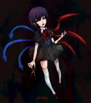  1girl asymmetrical_wings black_dress black_hair blood blood_from_eyes blood_from_mouth blood_on_arm blood_on_hands blue_wings bow bowtie brown_footwear buttons center_frills dark_background dress frills full_body guro holding holding_scissors houjuu_nue kyogoku-uru looking_at_viewer medium_hair open_mouth puffy_short_sleeves puffy_sleeves red_bow red_bowtie red_wings scissors short_sleeves solo thighhighs touhou white_thighhighs wings yellow_eyes 