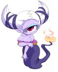  1girl bare_shoulders blush breasts cleavage colored_skin cyclops flame-tipped_tail fuumin_(youkai_watch) large_breasts looking_at_viewer monster_girl nollety off_shoulder one-eyed pink_eyes pointy_ears purple_skin simple_background smile white_background white_hair youkai_(youkai_watch) youkai_watch 