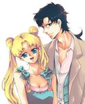  1girl :d bare_shoulders bishoujo_senshi_sailor_moon black_hair blonde_hair blue_bow blue_eyes bow casual couple earrings hetero jewelry long_hair miryusaykaz open_mouth seiya_kou shirt smile tsukino_usagi white_background white_shirt 