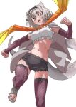  blush bow bowtie cape crop_top cutoffs detached_sleeves extra_ears fishnet_gloves fishnet_thighhighs fishnets frilled_hairband frilled_lizard_(ex)_(kemono_friends) frilled_thighhighs frills gloves grey_cape grey_footwear grey_hair grey_shorts hair_between_eyes hairband highres kemono_friends lizard_tail midriff navel open_mouth orange_bow orange_bowtie pink_sleeves pink_thighhighs reptile_girl sandals short_hair short_shorts shorts sidelocks smile tail tanabe_(fueisei) thighhighs yellow_bow yellow_bowtie yellow_eyes 