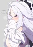  ... 1girl ahoge black_wings blue_archive blush buttons commentary_request flat_chest from_side gamuo grey_background hina_(blue_archive) long_hair navel profile purple_eyes shirt simple_background sleeves_past_fingers sleeves_past_wrists solo spoken_ellipsis upper_body very_long_hair white_hair white_shirt wings 