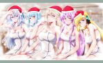  5girls agnes_claudel blue_eyes blunt_bangs blush bow braid breasts crown_braid double-parted_bangs eiyuu_densetsu elaine_auclair french_braid green_eyes hair_between_eyes hair_bow hair_bun half_updo hat highres kuro_no_kiseki large_breasts long_hair looking_at_viewer medium_breasts multiple_girls naked_towel renne_(eiyuu_densetsu) risette_twinings santa_hat sauna shizuna_rem_misurugi sidelocks single_hair_bun sitting steam steaming_body sweat towel xiacheng_tatsuya yellow_eyes 