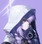  1girl atsuko_(blue_archive) black_gloves blue_archive braid closed_mouth gloves grey_halo halo highres holding holding_mask hood hood_up hooded_jacket jacket long_hair looking_at_viewer mask portrait purple_background purple_hair quasarcake red_eyes simple_background solo twin_braids white_jacket 