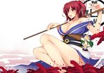 bare_legs bare_shoulders blush breasts character_doll cleavage collarbone dean egasumi flower green_hair hair_bobbles hair_ornament japanese_clothes large_breasts legs long_legs obi onozuka_komachi open_mouth over_shoulder polearm red_eyes red_hair rod_of_remorse sash shiki_eiki short_hair solo spider_lily thighs touhou two_side_up weapon weapon_over_shoulder 