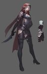  bad_id bad_pixiv_id blade boots brown_eyes elbow_gloves full_body gloves hand_on_hip high_heels highres hood hood_up long_hair multiple_views nfb-zmc original scarf shoes silver_hair simple_background thigh_boots thighhighs 