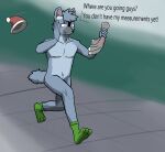 absurd_res anthro autism_crime canid canine clothing footwear foxhound_(fanteliscio) hat headgear headwear hi_res holding_clothing holding_object holding_underwear male mammal nude running socks solo underwear underwear_in_hand