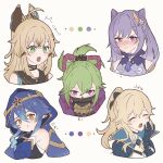  !? 5girls :t ahoge animal_ears blue_hair blue_hood blush brown_eyes cat_ears cat_girl closed_eyes closed_mouth commentary_request cone_hair_bun cropped_shoulders cropped_torso crossed_bangs dot_nose double_bun drill_hair drill_sidelocks genshin_impact glaring green_eyes green_hair hair_between_eyes hair_bun hair_ornament hand_to_own_mouth high_collar highres jean_(genshin_impact) keqing_(genshin_impact) kirara_(genshin_impact) kuki_shinobu layla_(genshin_impact) light_brown_hair looking_ahead looking_at_viewer mask mouth_mask multiple_girls neck_tassel ninja_mask nose_blush open_mouth pointy_ears pumu_(pumu_co29) purple_eyes purple_hair rope sidelocks slit_pupils split_ponytail tears teeth upper_teeth_only yawning 