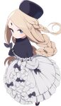  1girl abigail_williams_(event_portrait)_(fate) abigail_williams_(fate) black_headwear black_shirt blonde_hair blue_eyes bodystocking braid braided_ponytail breasts collarbone commentary_request dress fate/grand_order fate_(series) forehead full_body gamuo grey_dress hat keyhole long_hair long_sleeves looking_at_viewer off_shoulder parted_bangs shirt sidelocks small_breasts solo very_long_hair 