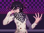 1boy belt_buckle black_scarf buckle buttons checkered_background checkered_clothes checkered_scarf commentary crazy crazy_eyes crazy_grin danganronpa_(series) danganronpa_v3:_killing_harmony fingernails floating_hair hair_between_eyes hand_on_own_face jacket kogarashi_8 long_sleeves looking_at_viewer male_focus messy_hair oma_kokichi outline outstretched_hand pink_outline purple_background purple_eyes purple_hair scarf shaded_face sharp_teeth short_hair simple_background solo teeth two-tone_scarf upper_body white_jacket white_scarf white_sleeves wide-eyed 