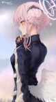  1girl angel_wings black_jacket blue_archive breasts closed_mouth double_bun feathered_wings hair_bun halo highres inaeda_kei jacket long_sleeves medium_breasts mika_(blue_archive) pink_hair pink_halo short_hair solo twitter_username white_wings wings yellow_eyes 