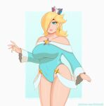  1girl absurdres blonde_hair blue_dress blue_eyes breast_focus breasts crown dress hair_over_one_eye highres mario_(series) ozimand rosalina simple_background solo standing super_mario_galaxy tight_clothes 
