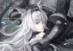  1girl 1other animal_ears bare_shoulders black_hairband character_name commandant_(punishing:_gray_raven) copyright_name destine_(sallyfish) detached_sleeves grey_eyes grey_hair hair_intakes hairband headpat latin_text long_hair long_sleeves looking_back mechanical_arms messy_hair no.21:_feral_scent_(punishing:_gray_raven) no.21_(punishing:_gray_raven) punishing:_gray_raven short_sleeves sidelocks unkempt wolf_ears 
