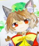  1girl :3 animal_ear_fluff animal_ear_piercing animal_ears bow bowtie brown_hair cat_ears chen closed_mouth commentary_request earrings green_headwear hat highres jewelry key747h looking_at_viewer mob_cap red_eyes red_vest short_hair simple_background single_earring solo touhou traditional_media upper_body vest white_background yellow_bow yellow_bowtie 