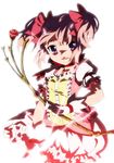  bow bow_(weapon) choker dress flower gloves hair_bow jewelry kaname_madoka magical_girl mahou_shoujo_madoka_magica mesushirindaa official_style pendant pink_eyes pink_hair short_twintails solo soul_gem twintails weapon 