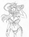  1girl arm_up bikini bleach breasts front-tie_bikini_top front-tie_top hat large_breasts long_hair looking_at_viewer mature_female monochrome navel parted_lips rakusakugk side-tie_bikini_bottom sketch smile solo sun_hat swimsuit unohana_retsu 