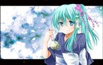  alternate_hairstyle ball blue_kimono flower frog green_eyes green_hair hair_flower hair_ornament hair_tubes japanese_clothes kimono kochiya_sanae kurenai_iroha long_hair obi sash smile solo touhou yukata 