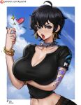  1girl ahoge arm_tattoo artist_name belt black_hair black_shirt blue_eyes blue_sky blush border bracelet breasts cleavage cloud collar collarbone commentary crop_top doll_(one_piece) earrings english_commentary eyelashes flower_tattoo hair_between_eyes heart hoop_earrings jewelry kyopink large_breasts midriff multiple_bracelets navel one_piece open_mouth outside_border patreon_username pink_lips shirt short_hair sky solo sparkle spiked_collar spikes tattoo white_border 