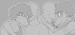 &lt;3 2024 anon_(snoot_game) anthro bald black_and_white blush clothing dinosaur dromaeosaurid duo embrace eyes_closed fingers goodbye_volcano_high hair hug human male male/male mammal monochrome reed_(gvh) reptile scalie shirt short_hair smile snoot_game snout sogflesh tank_top theropod topwear velociraptor