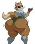 absurd_res anthro big_butt bulge butt canid canine clothed clothing eyewear fingerless_gloves flight_jacket fox fox_tail glasses gloves green_clothing handwear headgear hi_res huge_butt james_mccloud jiggling jiggling_butt leotard leotard_thong male mammal motion_lines nintendo simple_background skimpy smile smiling_at_viewer smirk smirking_at_viewer solo sssonic2 star_fox star_fox_64 sunglasses tail thick_thighs wide_hips