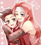  bad_id bad_pixiv_id blue_eyes brown_eyes brown_hair coat gloves headband highres hug hug_from_behind kurabayashi lloyd_irving long_hair male_focus multiple_boys one_eye_closed pink_background red_hair red_shirt shirt smile tales_of_(series) tales_of_symphonia zelos_wilder 