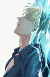  1boy blonde_hair blue_eyes closed_eyes collared_shirt commentary_request highres jujutsu_kaisen lips male_focus mochiya_(mochiya0504) nanami_kento open_clothes open_shirt parted_lips shirt short_hair water wet wet_clothes wet_hair 