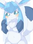 :&lt; abstract_background anthro anthrofied blue_body blue_eyes blue_fur blue_hair blush breasts chest_tuft eeveelution featureless_breasts featureless_crotch female fluffy fur generation_4_pokemon glaceon hair hand_behind_back hand_on_hair handpaw hi_res kemono kuzuyu navel nintendo nude paws pokemon pokemon_(species) pokemorph small_breasts solo standing tail tuft