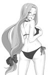  ass bare_legs bare_shoulders bikini blush breasts butt_crack fang fate/stay_night fate_(series) glasses greyscale hair_ribbon large_breasts long_hair looking_back low-tied_long_hair monochrome ribbon rider side-tie_bikini smile solo sweat swimsuit very_long_hair zanku 