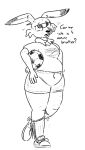 2019 4_fingers 89:157 anthro asking ball belly biped black_and_white bodily_fluids bottomwear breasts buckteeth carrying_under_arm cheek_tuft chubby_anthro chubby_female clothed clothed_anthro clothed_female clothing cotton_tail digital_drawing_(artwork) digital_media_(artwork) dipstick_ears drawstring drawstring_bottomwear ears_down english_text exhausted facial_tuft female female_anthro fingers flying_sweatdrops footwear front_view full-length_portrait fur fur_tuft generation_8_pokemon hatching_(art) holding_ball holding_object holding_soccer_ball knee_highs knee_socks lagomorph legwear mammal monochrome multicolored_ears nintendo nose_bandage number open_mouth overweight overweight_anthro overweight_female pivoted_ears pokeball_print pokeball_symbol pokemon pokemon_(species) pokemorph portrait question_mark rabbit_ears scorbunny shaded shoes shorts simple_background sketch slightly_chubby soccer_ball soccer_uniform socks solo sportswear sweat sweatdrop sweaty_legs sweaty_thighs teeth text thatoneaceguy thick_thighs three-quarter_view tongue tuft uniform walking white_background