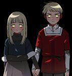  1boy 1girl aged_down black_background blonde_hair brother_and_sister dungeon_meshi falin_thorden holding_hands interlocked_fingers jjjjtaaaku laios_thorden light_blush long_hair looking_at_viewer siblings yellow_eyes 