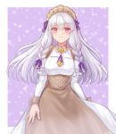  1girl absurdres alternate_breast_size apron blush border braid breasts brown_apron closed_mouth commentary_request dress fire_emblem fire_emblem:_three_houses fire_emblem_heroes hair_between_eyes hair_ribbon hazuki_(nyorosuke) highres juliet_sleeves long_hair long_sleeves looking_at_viewer lysithea_von_ordelia lysithea_von_ordelia_(tea_party) maid_headdress medium_breasts official_alternate_costume official_alternate_hairstyle outside_border pink_eyes puffy_sleeves purple_background purple_ribbon revision ribbon simple_background smile twin_braids waist_apron white_border white_dress white_hair 