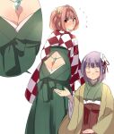  2girls absurdres ass bell blush brown_eyes checkered_clothes checkered_shirt flower green_kimono hair_bell hair_flower hair_ornament hieda_no_akyuu highres japanese_clothes jingle_bell kimono koma_midori light_brown_hair magatama motoori_kosuzu multiple_girls nose_blush purple_hair shirt short_hair simple_background tearing_up touhou white_background yellow_kimono 