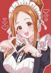  1girl :d absurdres apron black_dress bleach dress hair_bun hair_ornament hairclip heart heart_hands highres inoue_orihime looking_at_viewer maid maid_apron maid_headdress open_mouth orange_eyes orange_hair red_background rinner373 smile solo teeth upper_body upper_teeth_only 