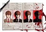  1boy age_progression black_necktie blazer blood book brown_eyes colored_sclera death_note death_note_(object) drop_shadow english_commentary face_in_shadow hair_between_eyes highres jacket looking_at_viewer mismatched_sclera necktie no_humans open_book pen photo_(object) portrait_(object) red_necktie red_sclera school_uniform short_hair simple_background split_theme still_life straight-on translation_request vonlight white_background yagami_light 