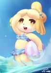 animal_crossing anthro ball beach_ball bell_accessory canid canine canis clothing dated domestic_dog female fur gesture hi_res holding_object inflatable isabelle_(animal_crossing) kemono mammal navel ni_jikan nintendo open_mouth partially_submerged ruffled_bikini shih_tzu signature solo standing swimwear toy_dog water wave waving yellow_body yellow_eyes yellow_fur