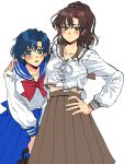  2girls absurdres bag bishoujo_senshi_sailor_moon blue_eyes blue_hair blue_sailor_collar blue_skirt blush bow breasts brown_hair brown_sailor_collar brown_skirt closed_mouth collarbone earrings eyelashes flower_earrings green_eyes hair_bobbles hair_ornament hand_on_another&#039;s_shoulder hand_on_own_hip highres jewelry juuban_middle_school_uniform kino_makoto kino_makoto&#039;s_school_uniform kuya_(hey36253625) long_hair long_skirt long_sleeves looking_to_the_side medium_breasts midriff_peek mizuno_ami multiple_girls open_mouth parted_bangs pleated_skirt ponytail red_bow ribbon sailor_collar school_bag school_uniform serafuku short_hair simple_background sketch skirt wavy_hair white_background white_ribbon yuri 